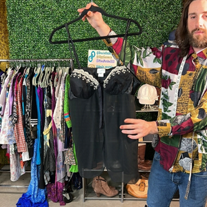 🤩  Linda Lingerie Black Sheer w Built in Bra Support and Gold Lace Dets M